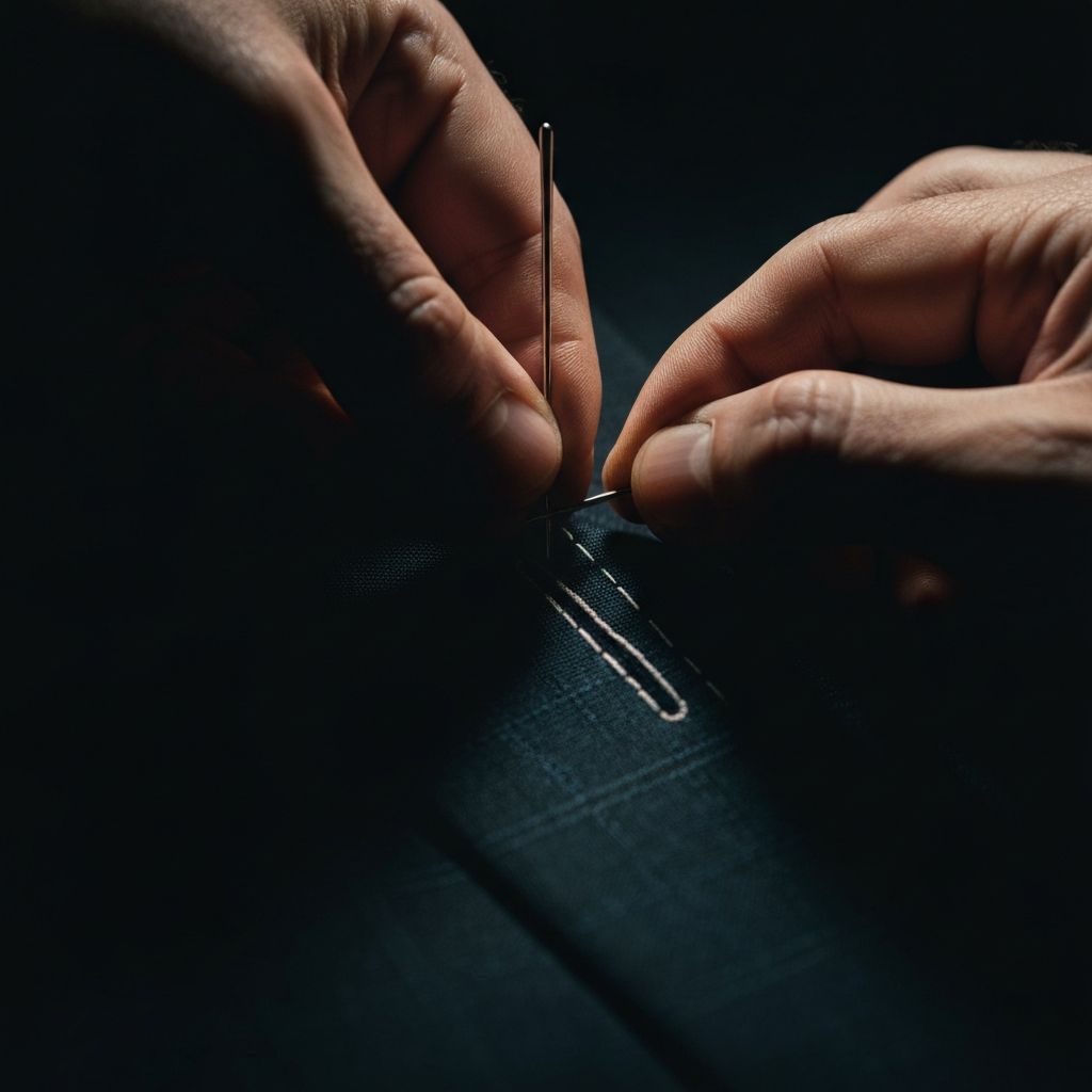 Hand stitching on luxury suit fabric